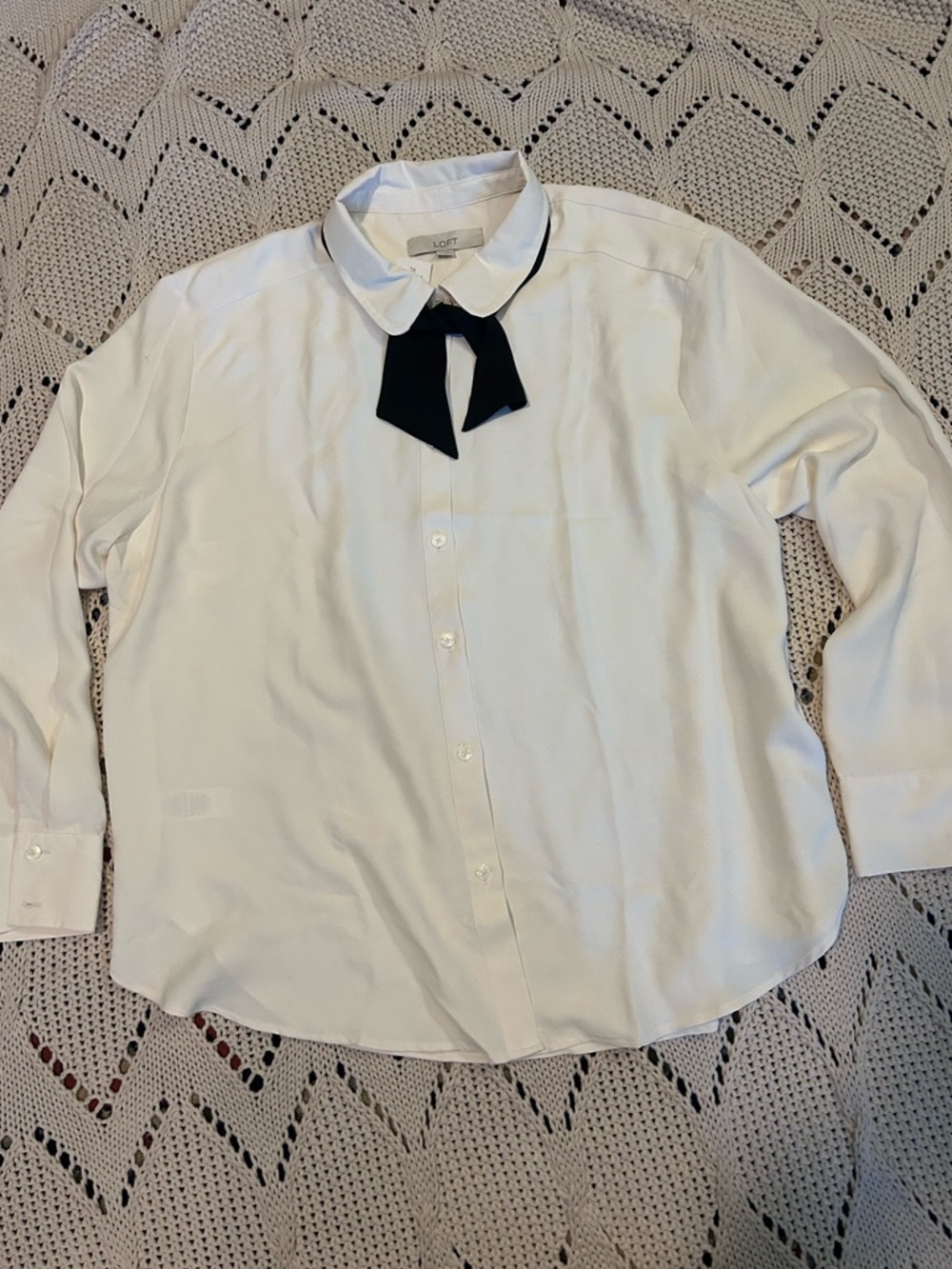 LOFT Cream Button Down Blouse with Black Tie Nevk Sz XL NWT